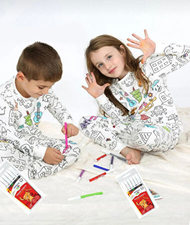 Özel Kalemli Boyanabilir Uzun Kollu Çocuk Pijama Takımı 010