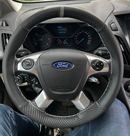 DİKİŞLİ DİREKSİYON KILIFI KARBON / NOKTA DERİ GRİ YÜZÜK GRİ DİKİŞLİ FORD CONNECT (2015-18)