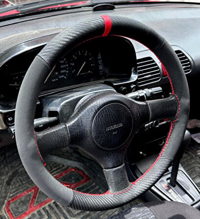 DİKİŞLİ DİREKSİYON KILIFI KARBON NUBUK DERİ KIRMIZI YÜZÜK / DİKİŞLİ MAZDA 323 İÇİN