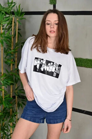 kinoedze Unisex Bisiklet Yaka Baskılı Oversize T-Shirt - Beyaz