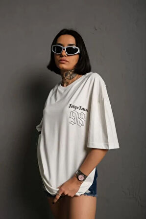kinoedze Unisex Bisiklet Yaka Baskılı Oversize T-Shirt - Beyaz
