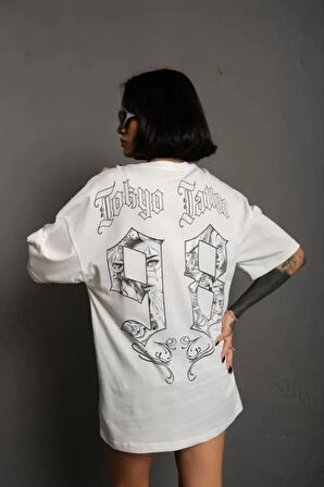 kinoedze Unisex Bisiklet Yaka Baskılı Oversize T-Shirt - Beyaz