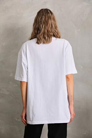 kinoedze Unisex Bisiklet Yaka 20/1 Düz Oversize T-Shirt - Beyaz