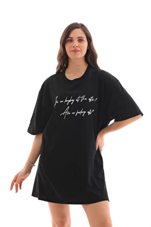 kinoedze Unisex Bisiklet Yaka Baskılı Oversize T-Shirt - Siyah