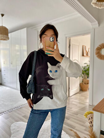 kinoedze Kadın Uzun Kollu Kapşonlu Bağcıklı Kedi Desenli şardonlu Dalgıç Bluz