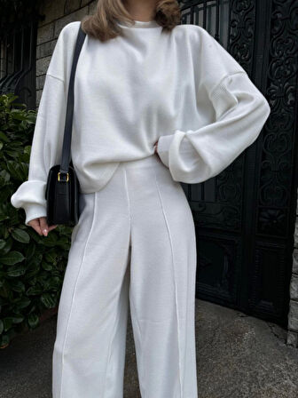 kinoedze Crop, Pantolon Fitilli İkili Takım -Beyaz