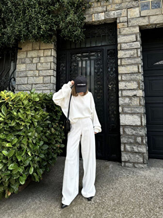kinoedze Crop, Pantolon Fitilli İkili Takım -Beyaz