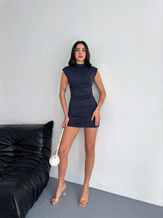 kinoedze Yarım Bogazlı Kolsuz Mini Boy Elbise - Lacivert