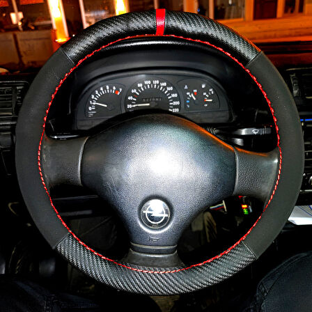 DİKİŞLİ DİREKSİYON KILIFI KARBON NUBUK DERİ KIRMIZI YÜZÜK KIRMIZI DİKİŞLİ OPEL VECTRA A İÇİN