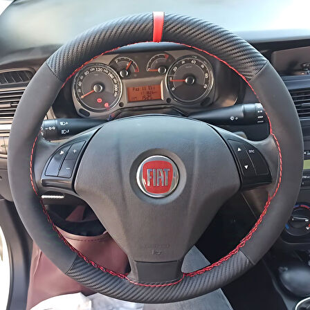 DİKİŞLİ DİREKSİYON KILIFI KARBON DERİ NUBUK DERİ KIRMIZI YÜZÜK KIRMIZI DİKİŞLİ FIAT LİNEA İÇİN