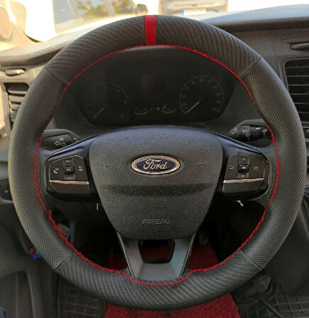 DİKİŞLİ DİREKSİYON KILIFI KARBON NOKTA DERİ KIRMIZI YÜZÜK / DİKİŞ FORD TRANSİT 2020 KASA İÇİN