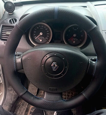 DİKİŞLİ DİREKSİYON KILIFI KARBON DERİ NOKTALI DERİ MAVİ YÜZÜK MAVİ DİKİŞLİ RENO MEGANE 2 İÇİN