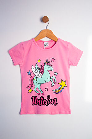 Kız Çocuk Unicorn Baskılı Takım Neşeli Unicornlar Pembe