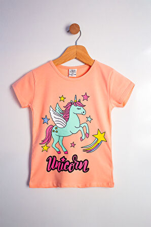 Kız Çocuk Unicorn Baskılı Takım Neşeli Unicornlar Somon