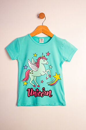 Kız Çocuk Unicorn Baskılı Takım Neşeli Unicornlar Mavi