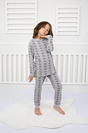 Çiçek Desenli Pijama Takımı Gri 3-7