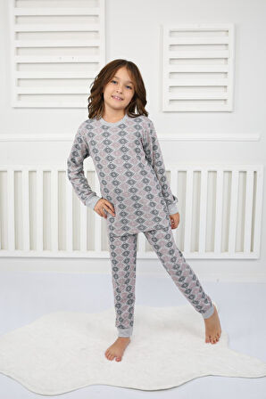Çiçek Desenli Pijama Takımı Gri 3-7