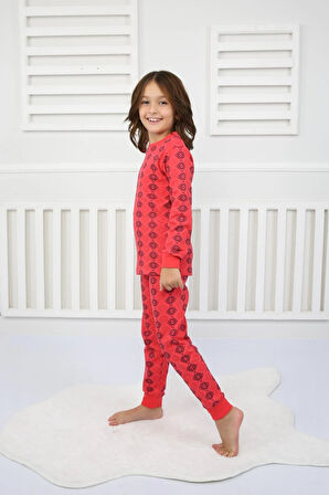 Çiçek Desenli Pijama Takımı Kırmızı 8-12