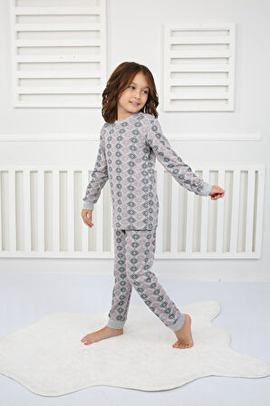 Çiçek Desenli Pijama Takımı Gri 8-12