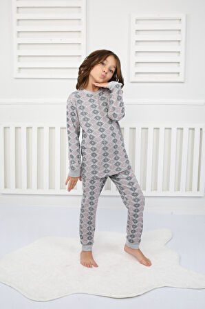 Çiçek Desenli Pijama Takımı Gri 8-12