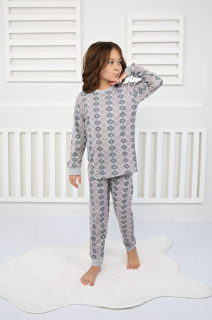 Çiçek Desenli Pijama Takımı Gri 8-12