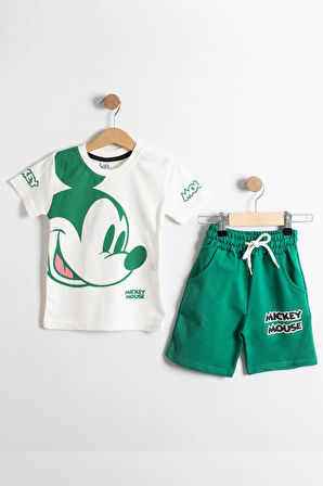 Mickey Mouse Baskılı T-Shirt ve Şort Takımı Yeşil 3-10