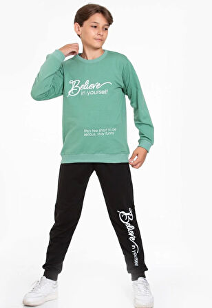 Believe in Yourself Baskılı Sweatshirt ve Eşofman Takımı Yeşil 5-14