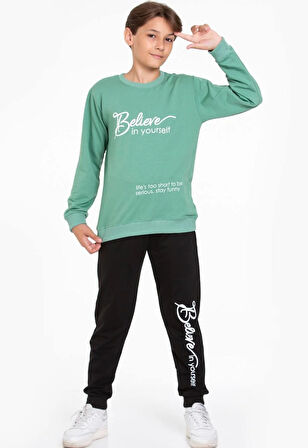 Believe in Yourself Baskılı Sweatshirt ve Eşofman Takımı Yeşil 5-14