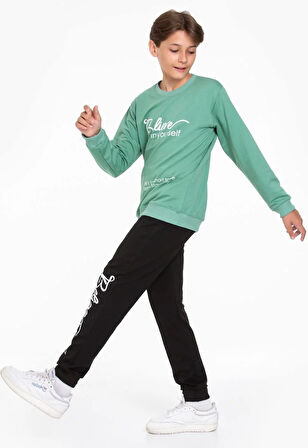 Believe in Yourself Baskılı Sweatshirt ve Eşofman Takımı Yeşil 5-14