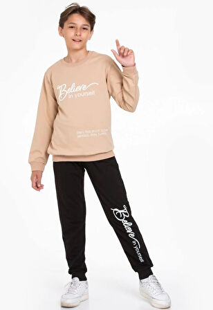 Believe in Yourself Baskılı Sweatshirt ve Eşofman Takımı Bej 5-14