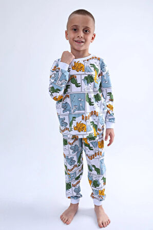 Dinozor Baskılı Çocuk Pijama Takımı - Mavi