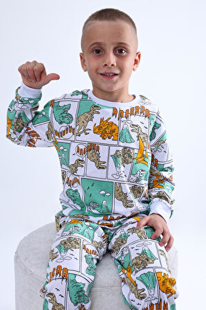 Dinozor Baskılı Çocuk Pijama Takımı - Yeşil