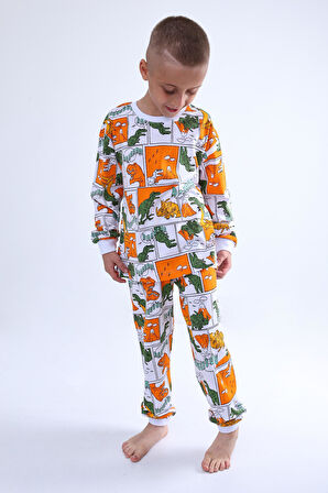 Dinozor Baskılı Çocuk Pijama Takımı - Turuncu
