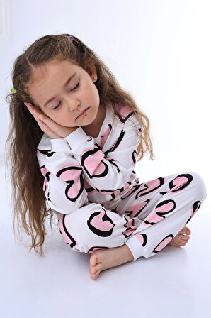 Kalp Desenli Kız Çocuk Pijama Takımı - Beyaz/Pembe