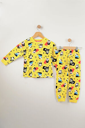 Erkek Çocuk Super Hero Baskılı Pijama Takımı Sarı