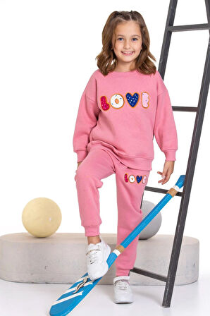 Kız Çocuk LOVE Nakışlı İkili Takım - Pembe