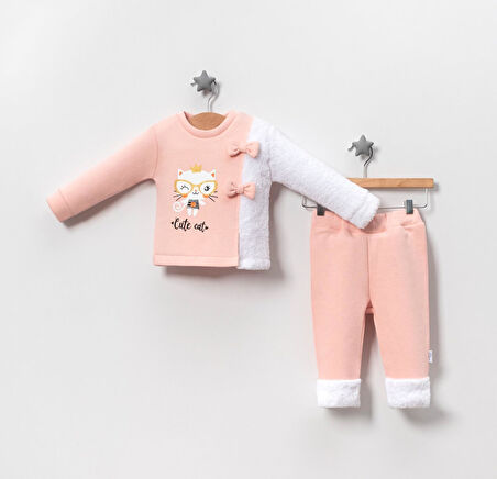 Kız Bebek Taçlı Cute Cat İkili Takım - Pudra