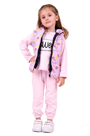 Kız Bebek Sweet Yazılı Kapüşonlu Yelekli Takım - Pembe