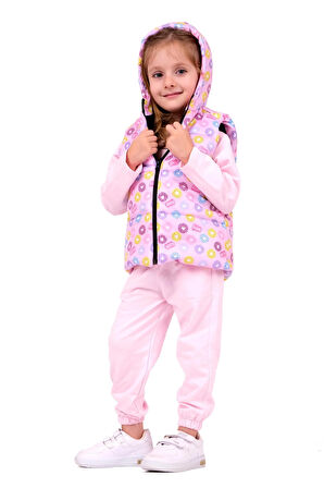 Kız Bebek Sweet Yazılı Kapüşonlu Yelekli Takım - Pembe