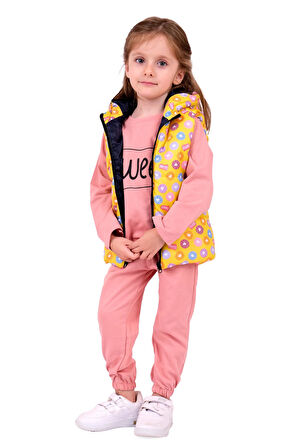 Kız Bebek Sweet Yazılı Kapüşonlu Yelekli Takım - Pudra