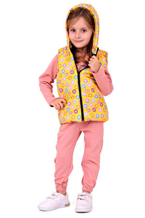 Kız Bebek Sweet Yazılı Kapüşonlu Yelekli Takım - Pudra