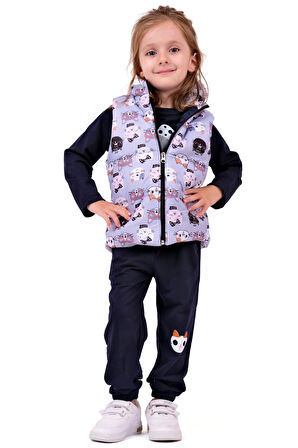 Kız Bebek Sevimli Kedi Desenli Takım - Lila