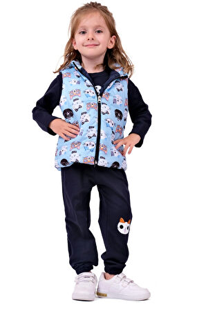 Kız Bebek Sevimli Kedi Desenli Takım - Mavi