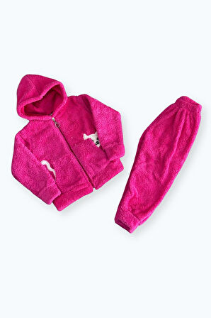 Unisex Çocuk Kapüşonlu Fermuarlı Cepli Welsoft Fuşya Alt Üst Takım