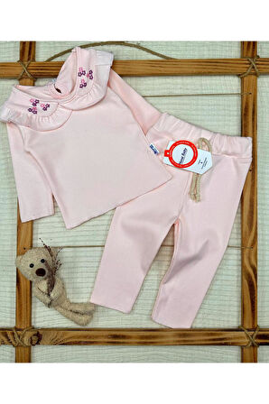 Kız Bebek Fırfırlı Nakış Detaylı Pamuklu Pembe Alt Üst Takım