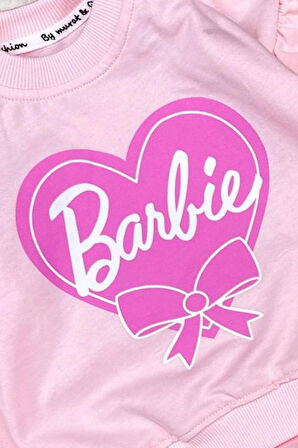 Kız Bebek Barbie Baskılı Fırfır Detaylı Pamuklu Pembe Alt Üst Takım