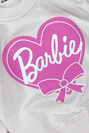 Kız Bebek Barbie Baskılı Fırfır Detaylı Pamuklu Krem Alt Üst Takım
