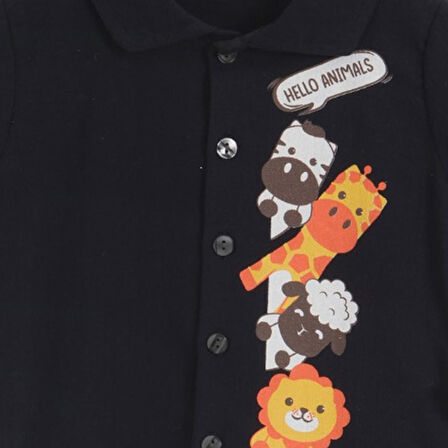 Erkek Bebek Hello Animals Pamuklu Tişört Şort Lacivert Alt Üst Takım
