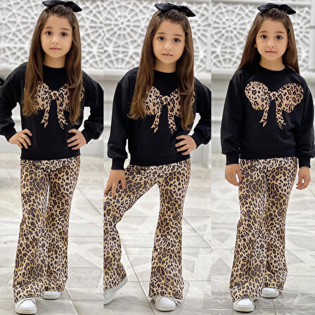 Kız Çocuk Leopar Desenli Fiyonk Detaylı Yumuşak Dokulu Günlük Stil Alt Üst Takım