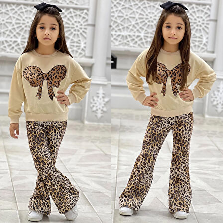 Kız Çocuk Leopar Desenli Fiyonk Detaylı Yumuşak Dokulu Günlük Stil Alt Üst Takım